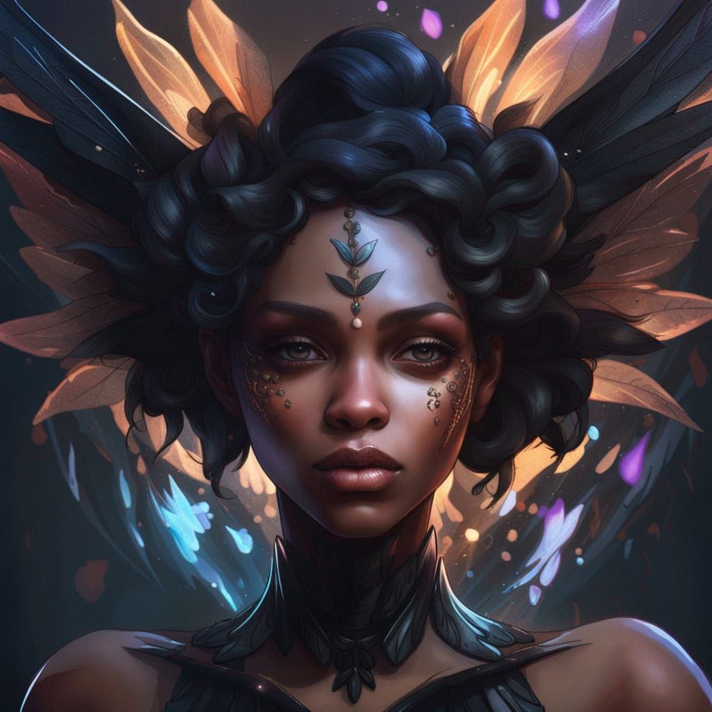 Detailed Portrait of a Black Fairy in Volumetric Lighting