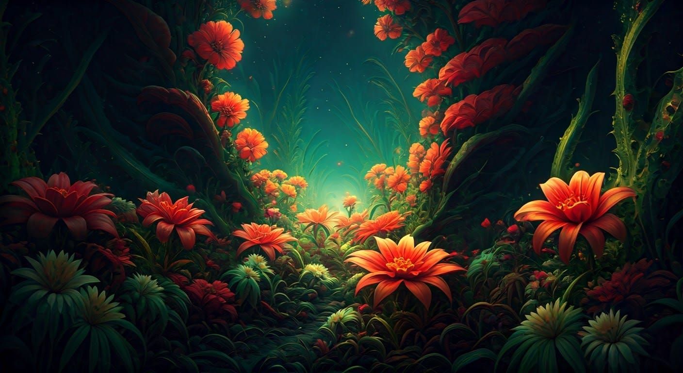 Dreamlike Poisonous Garden in Surreal, Cosmic Style