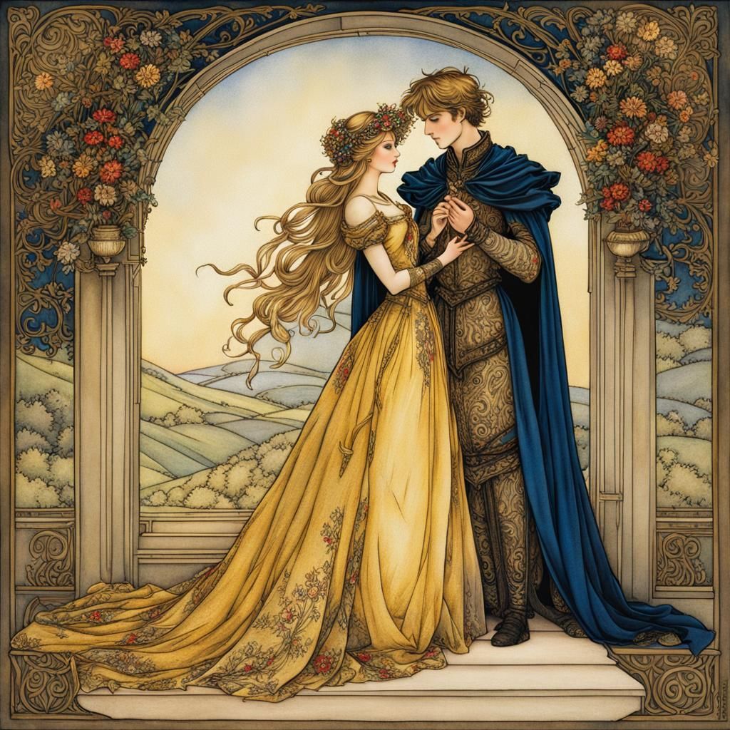 Fairytale Maiden and Prince in Arthur Rackham Style