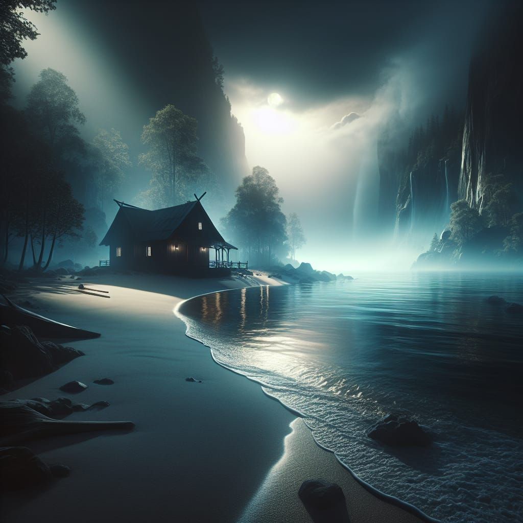 Moonlit Cabin on Sandy Beach, Hyperrealistic 8K