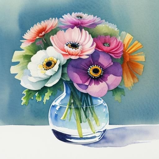Watercolor Illustration of Anemones in Crystal Vase