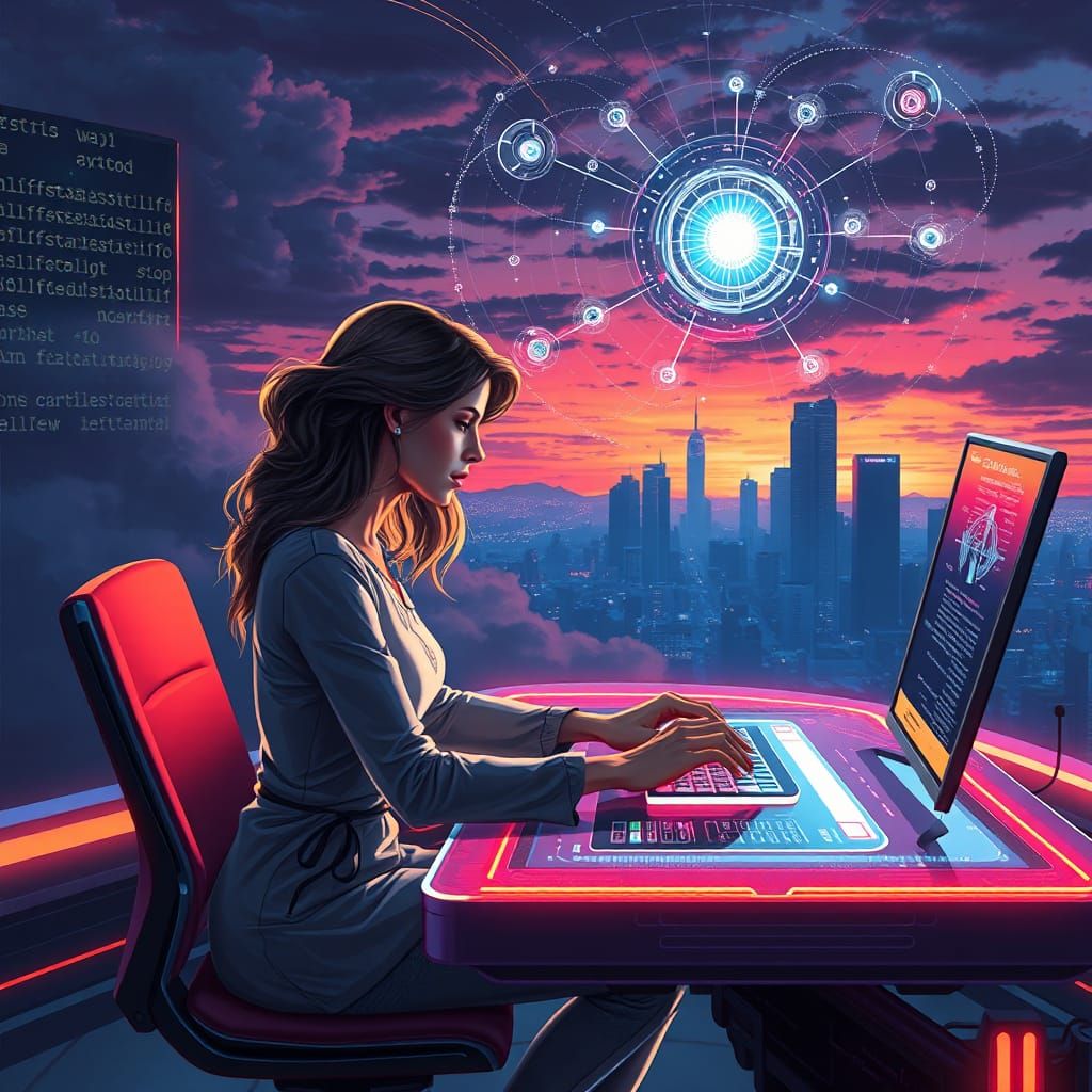 Futuristic Writer at Quantum Desk in Cyberpunk Cityscape