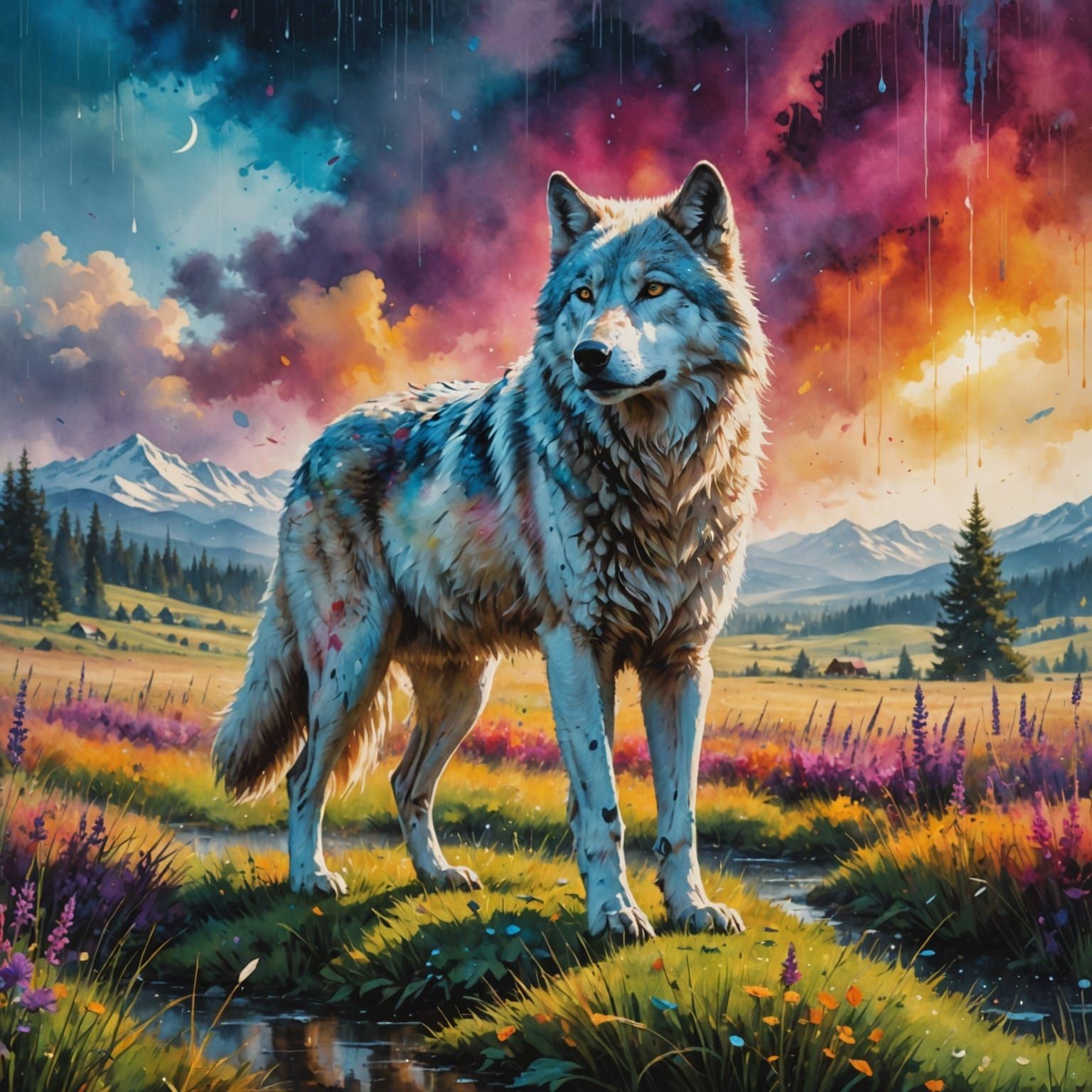 Watercolor Wolf in Fantastical Landscape