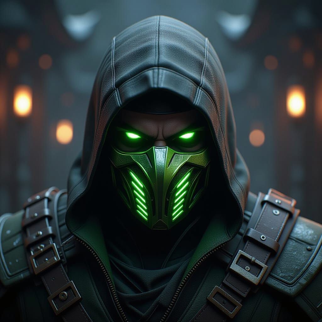 Mortal Kombat with Glowing Green Eyes in 3D