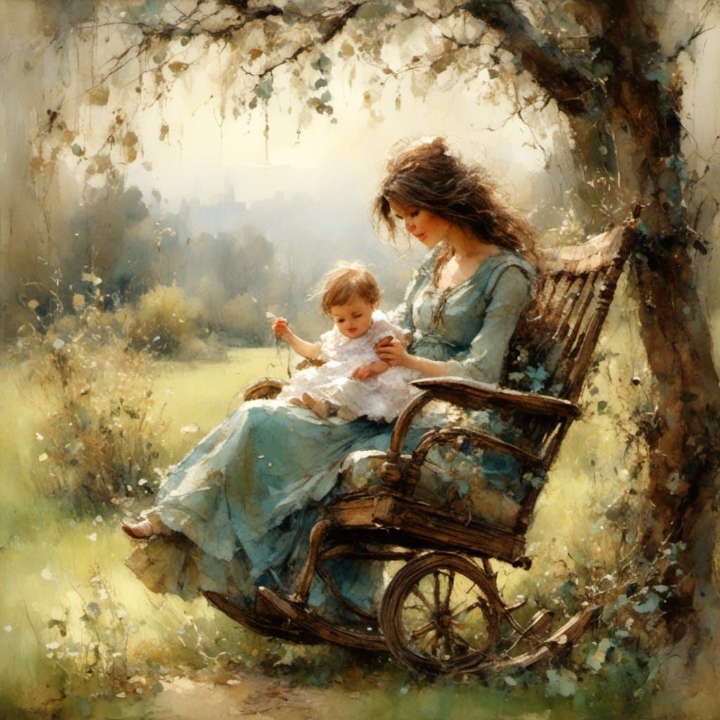 Young Woman and Baby in Oil Painting Style