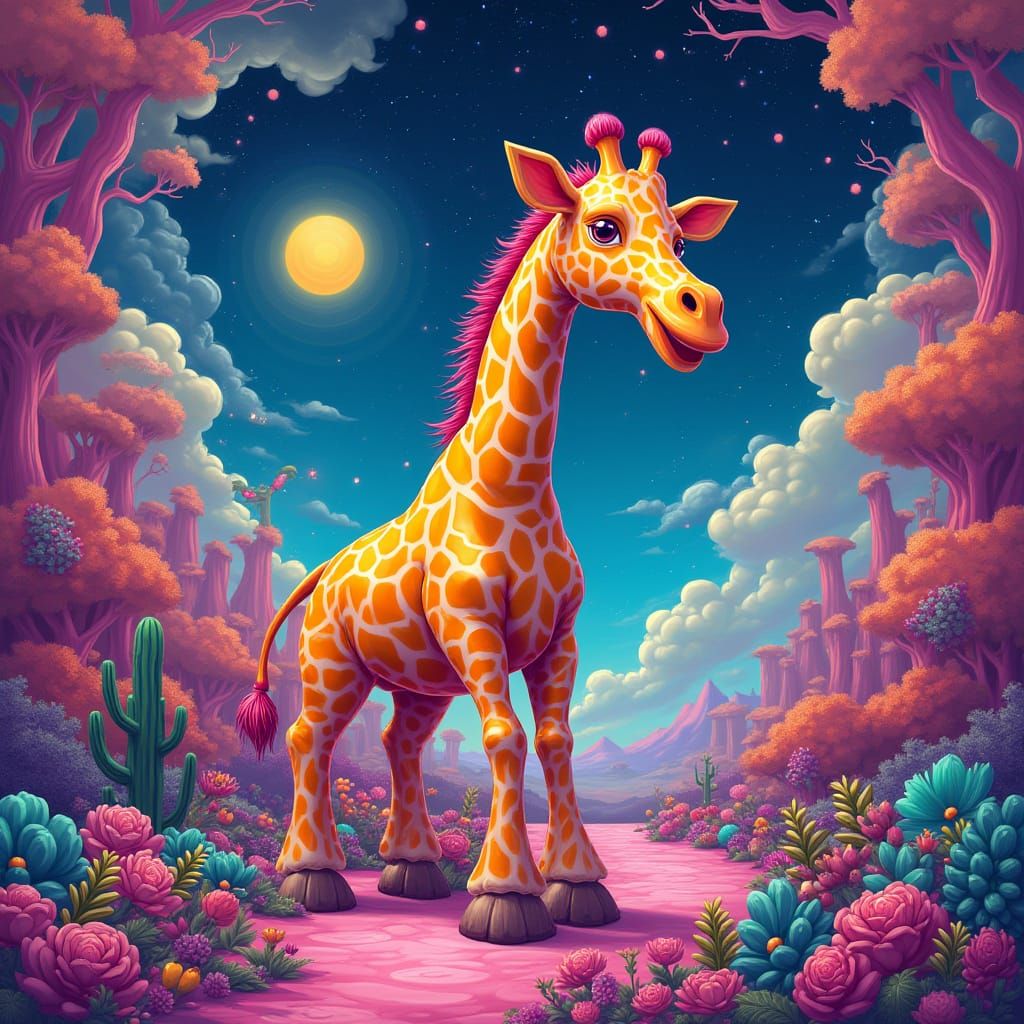 Whimsical Giraffe in Surrealist Candyland
