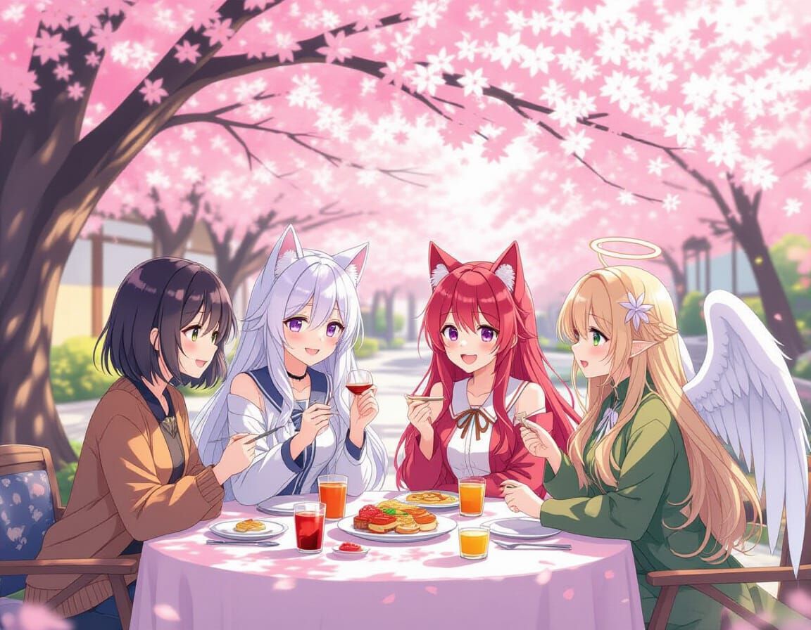 Anime Friends Share Meal Under Cherry Blossoms