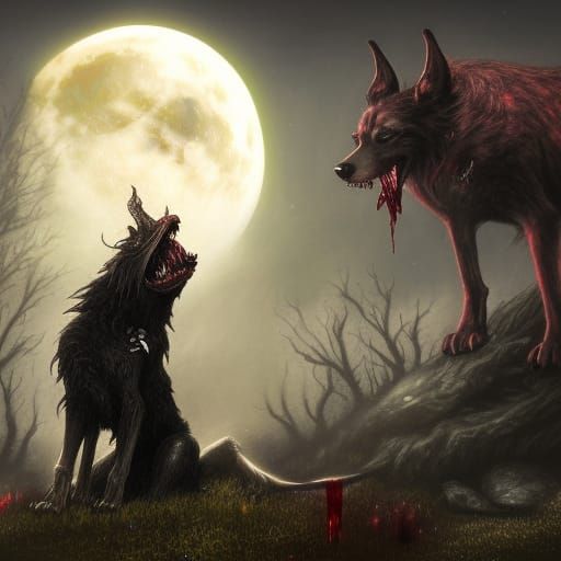 Monstrous WereDog Under Full Moon's Blood Moonlight