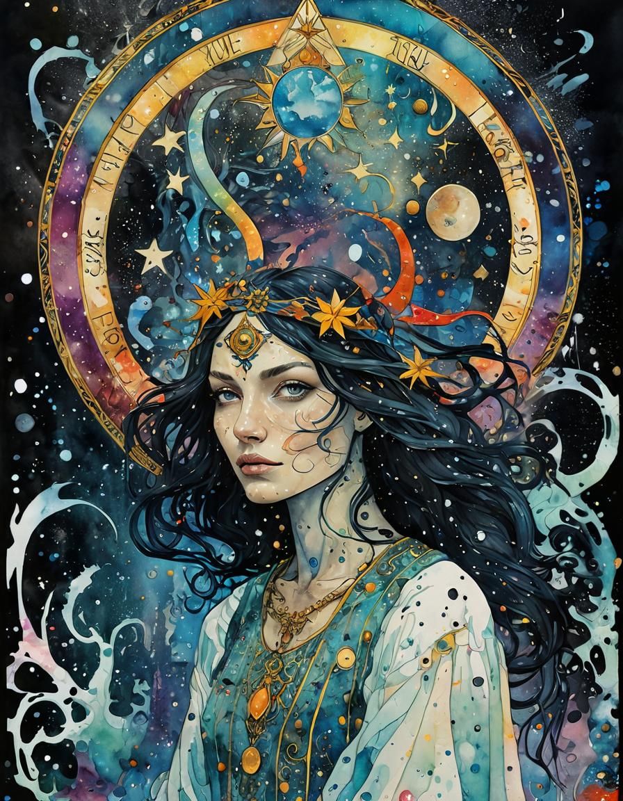 Psychedelic Tarot Star Goddess in Watercolour Portrait