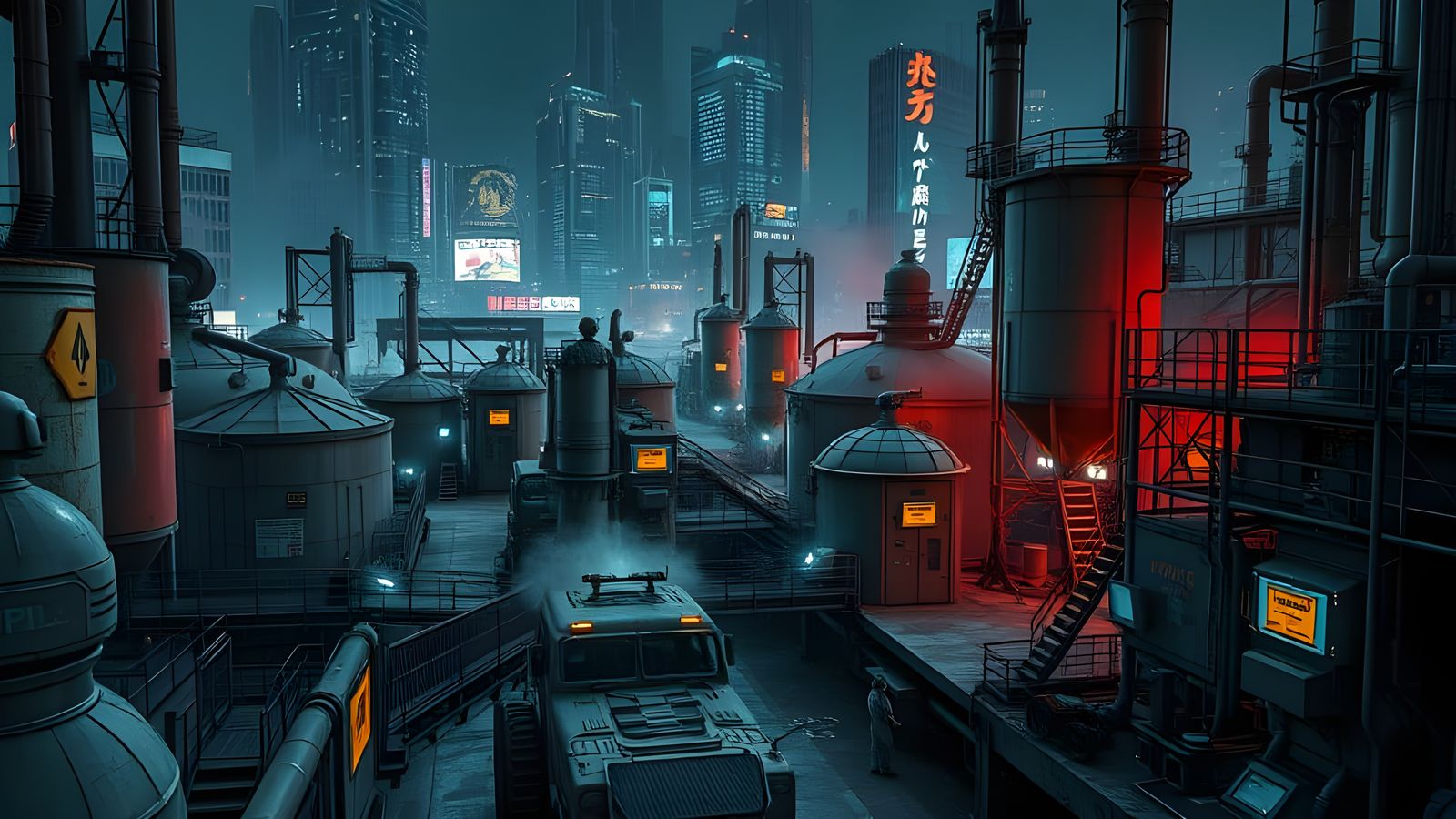 Cyberpunk Industrial Compound at Night in Futuristic City