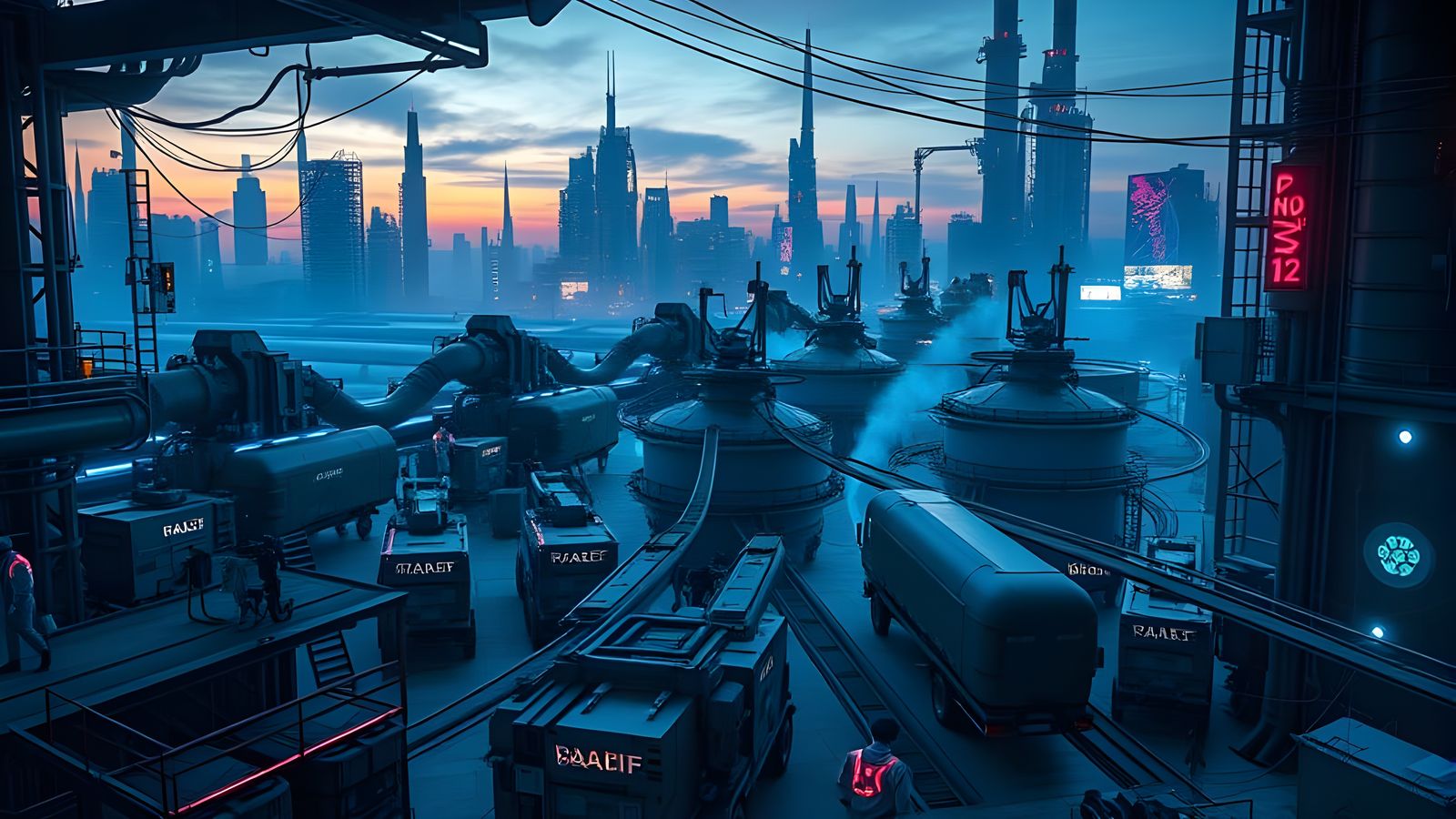 Futuristic Industrial Cyberpunk Compound at Night