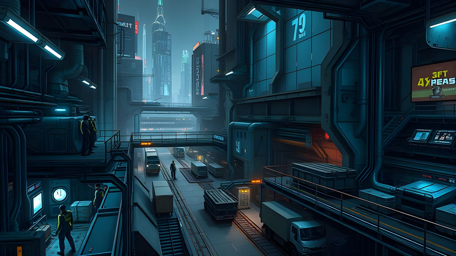 Futuristic Industrial Compound at Night in Cyberpunk Style