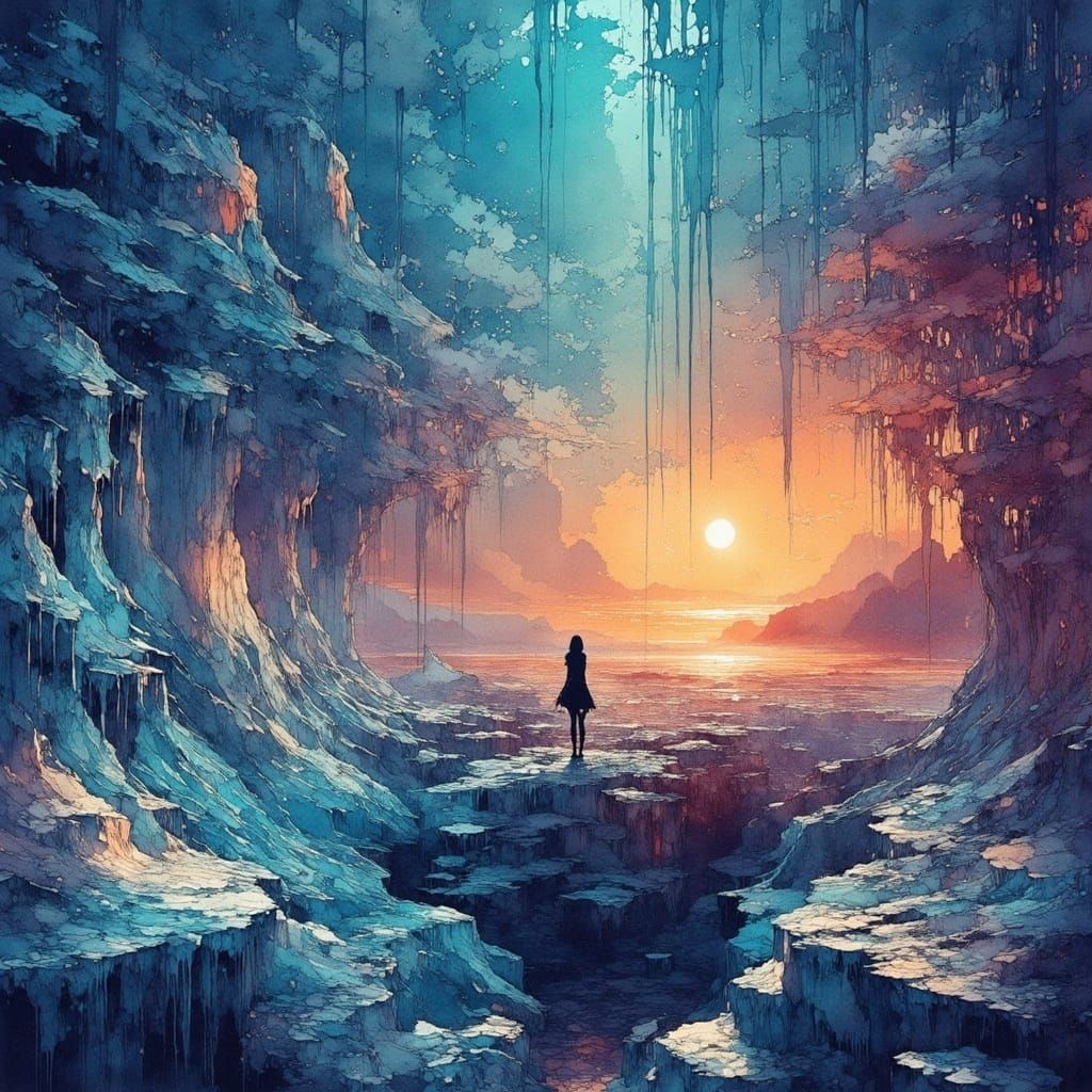 Surreal Woman in Icy Cubist Dreamscape