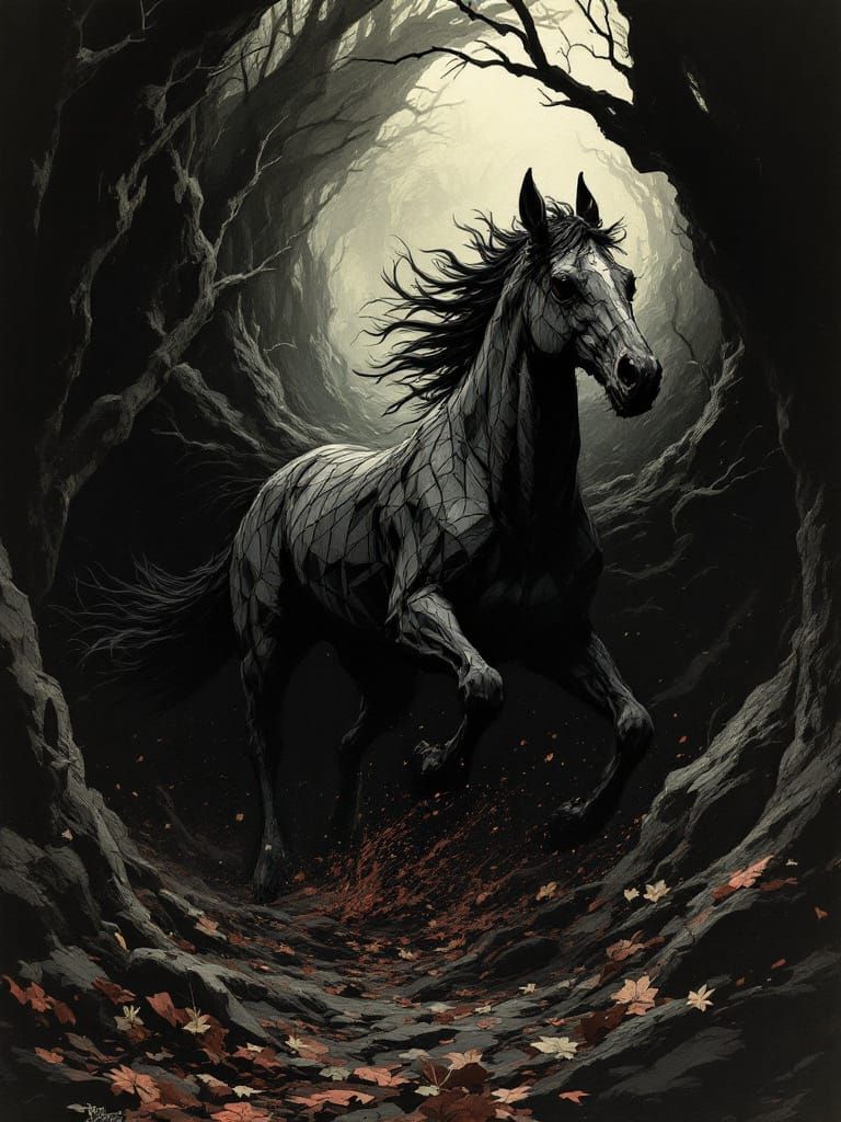 Skeletal Horse Leaps Skyward in Gothic Autumn Scene