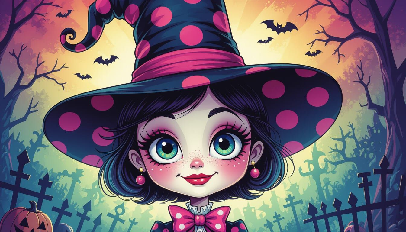 Whimsical Character with Polka Dot Hat and Expressive Eyes