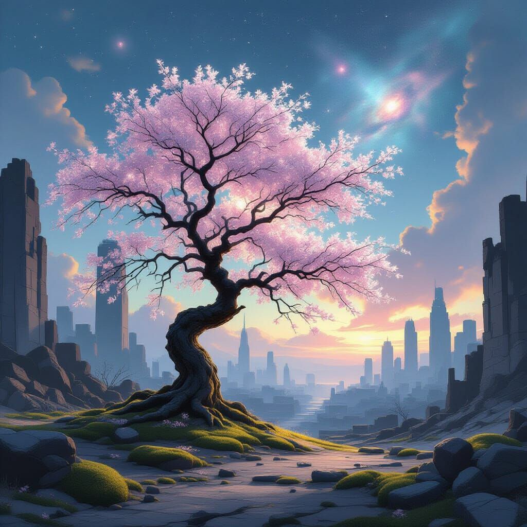 Ancient Sakura Tree in Futuristic City Ruins