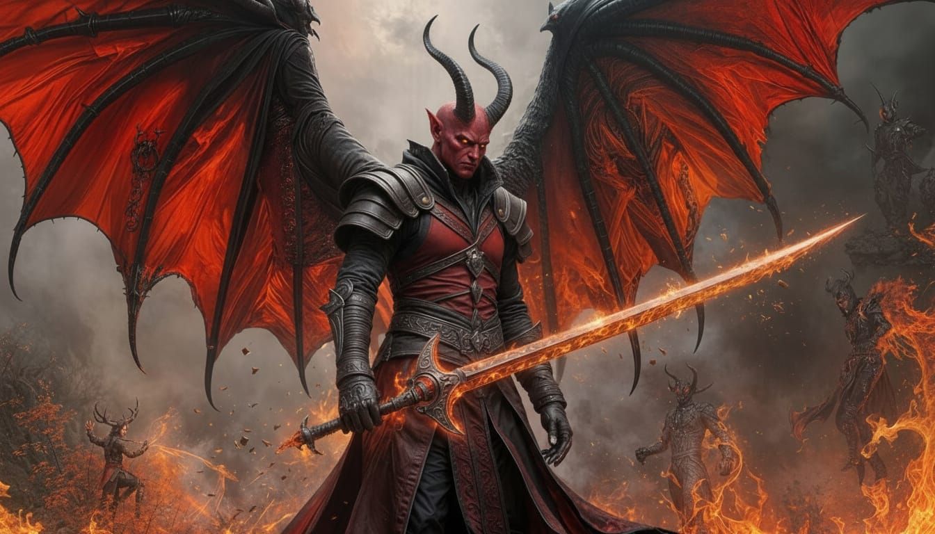 Tiefling Warrior with Obsidian Sword in Hellscape