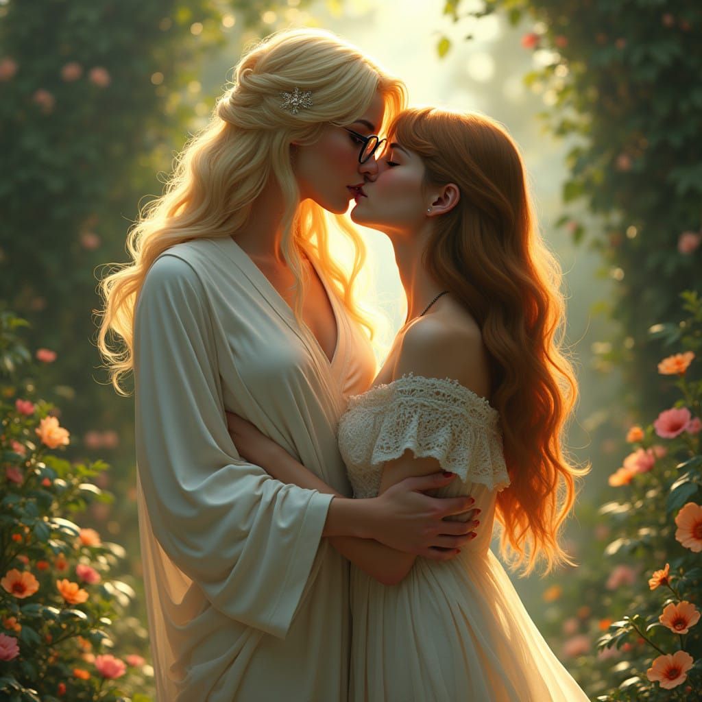 Ethereal Dreamgirls Share a Tender Kiss in a Whimsical Garde...