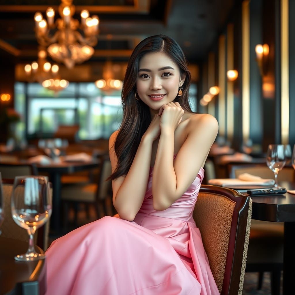 Chinese Girl in Pink Gown at Luxury Restaurant