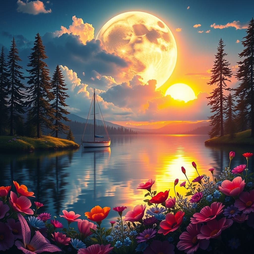 Dreamy Twilight Sailboat Landscape in Impasto Style