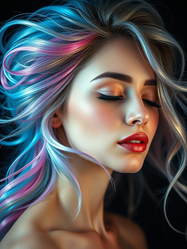 Colorful Portrait with Flowing Hair in Quantum Art