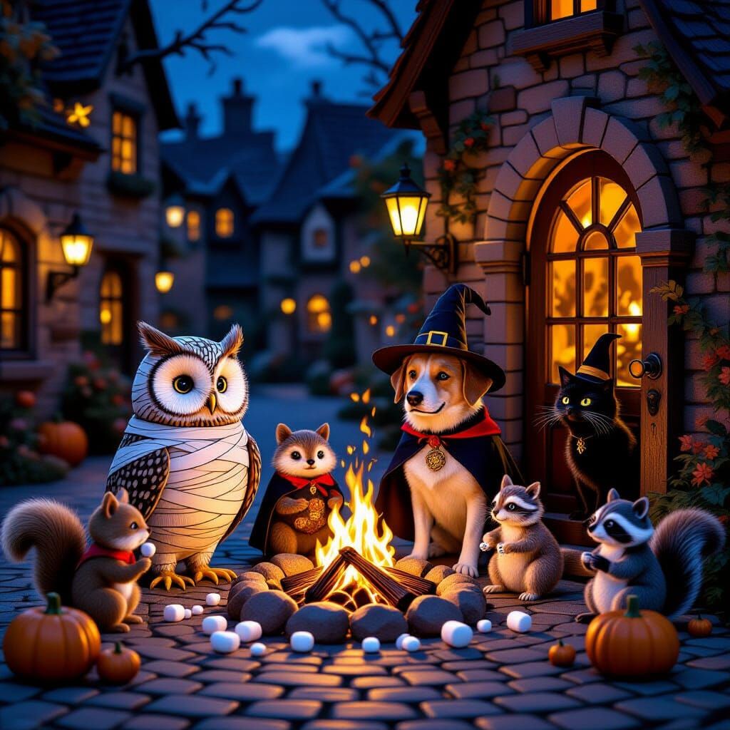Whimsical Halloween Street Scene with Animals in Costume