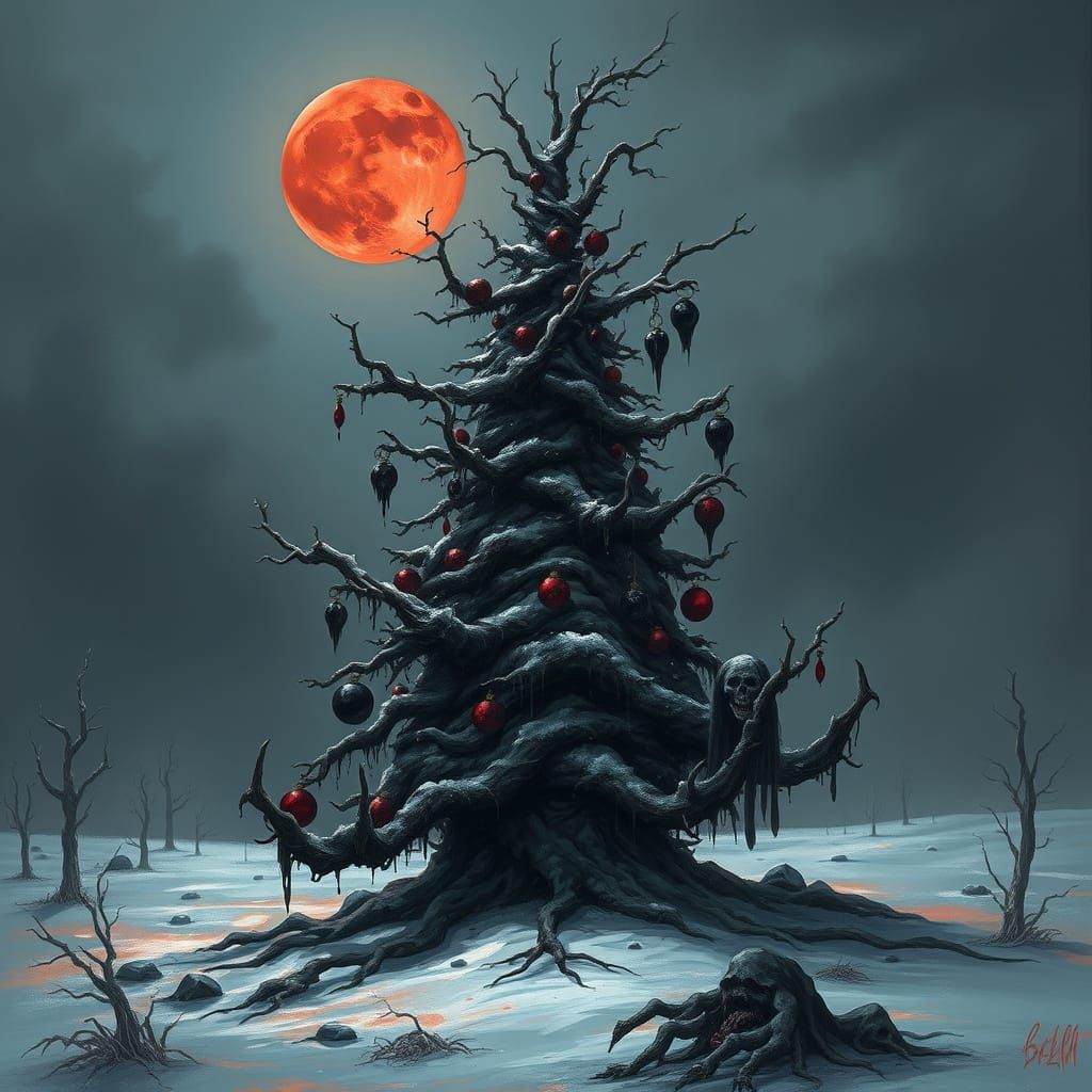 Sinister Twisted Christmas Tree in Grimdark Landscape