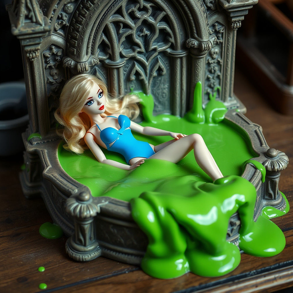 Blonde Doll in Gothic Fountain with Green Slime