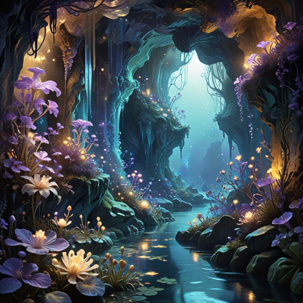 Bioluminescent Grotto in Art Nouveau Style