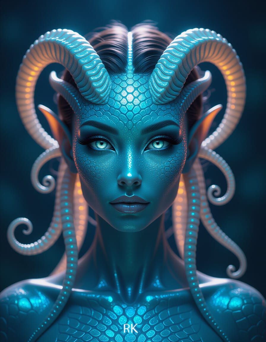 Photorealistic Alien Woman Portrait with Horns and Tentacles