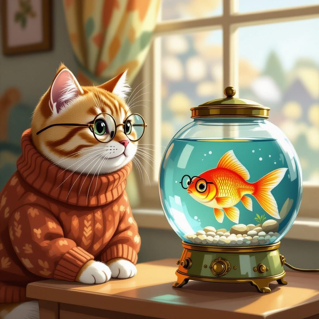 Whimsical Cat and Goldfish with Glasses