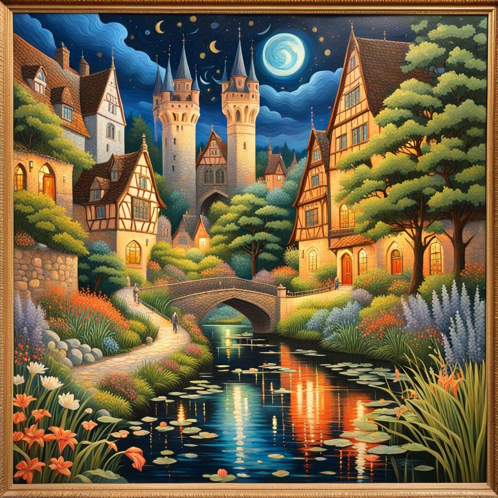 Gothic Bavarian City and Garden at Night