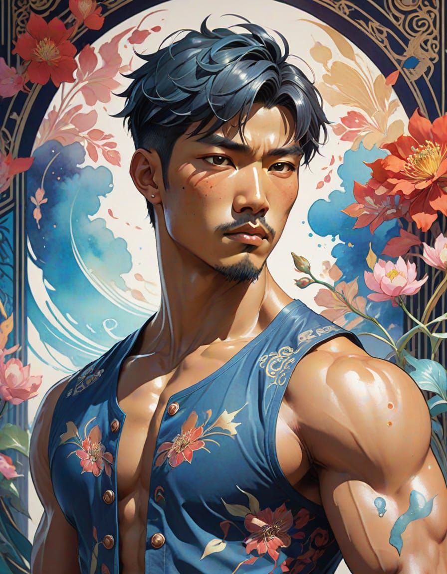 Intricate Art Nouveau Watercolor Portrait of a Muscular Warr...