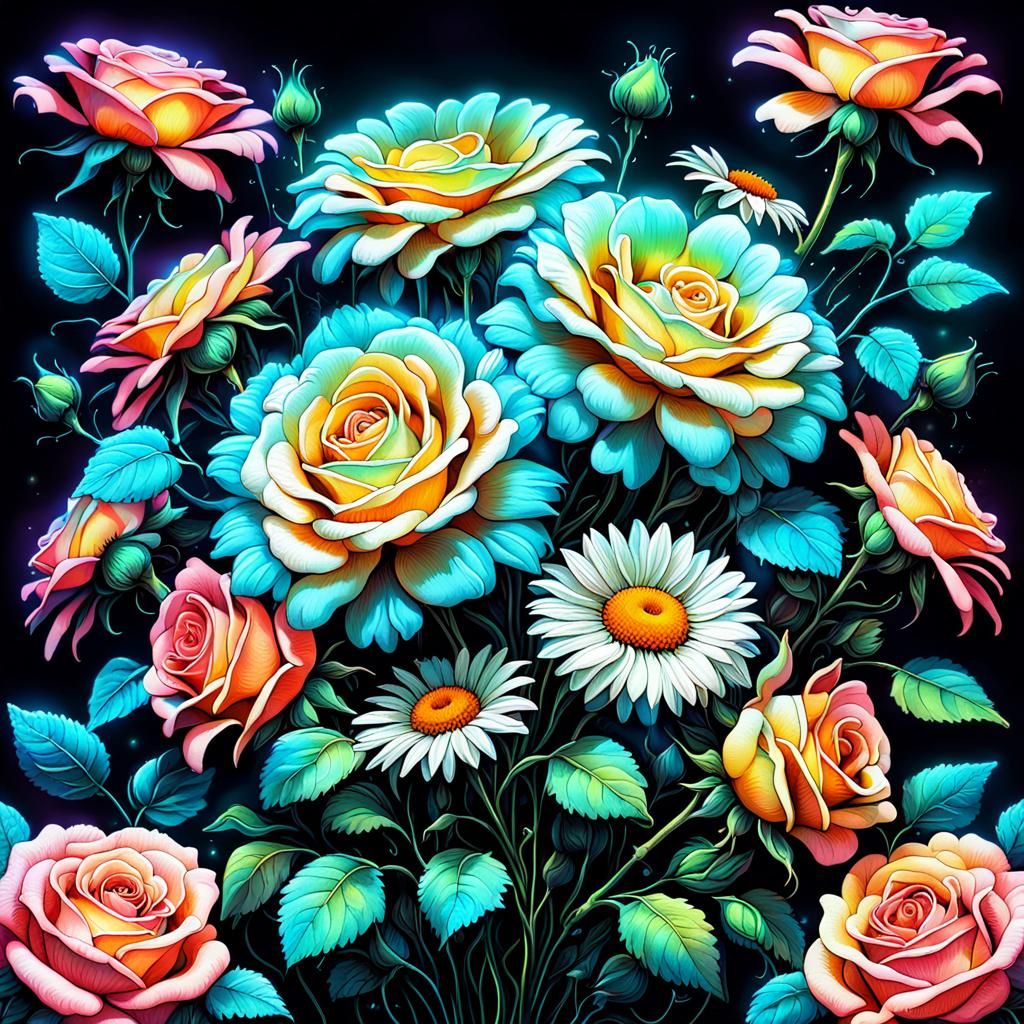 Neon Psychedelic Bioluminescent Bouquet of Roses