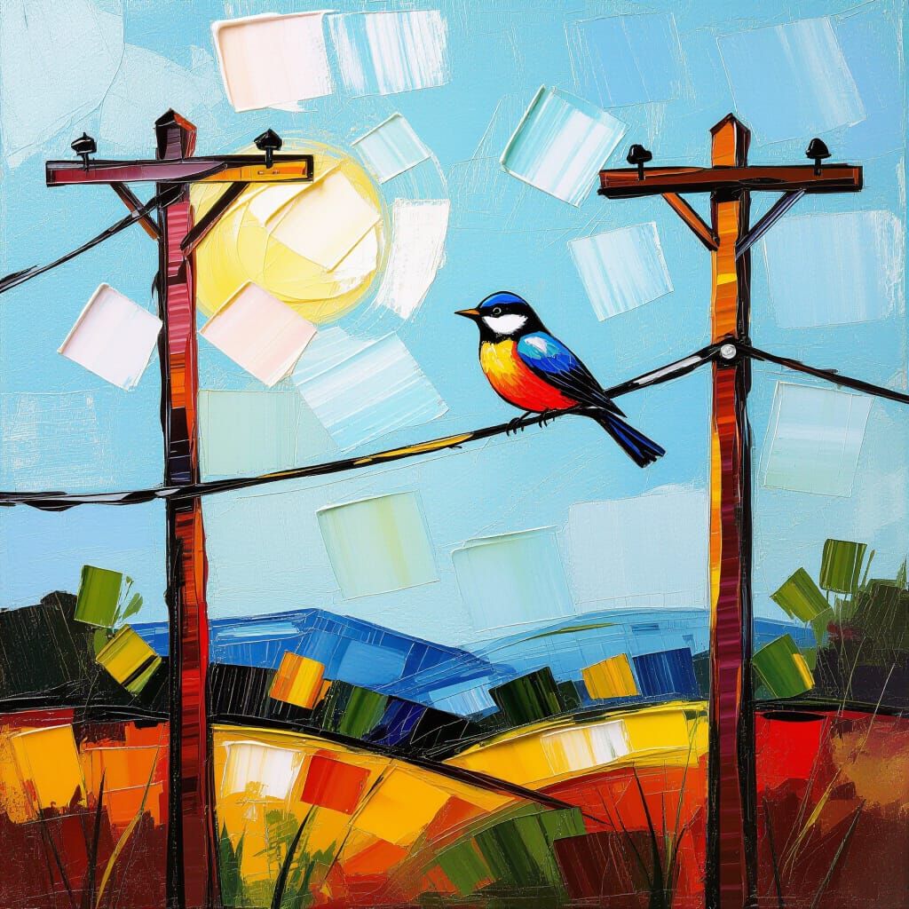 Bird on Wire in Impasto Oil Painting Style
