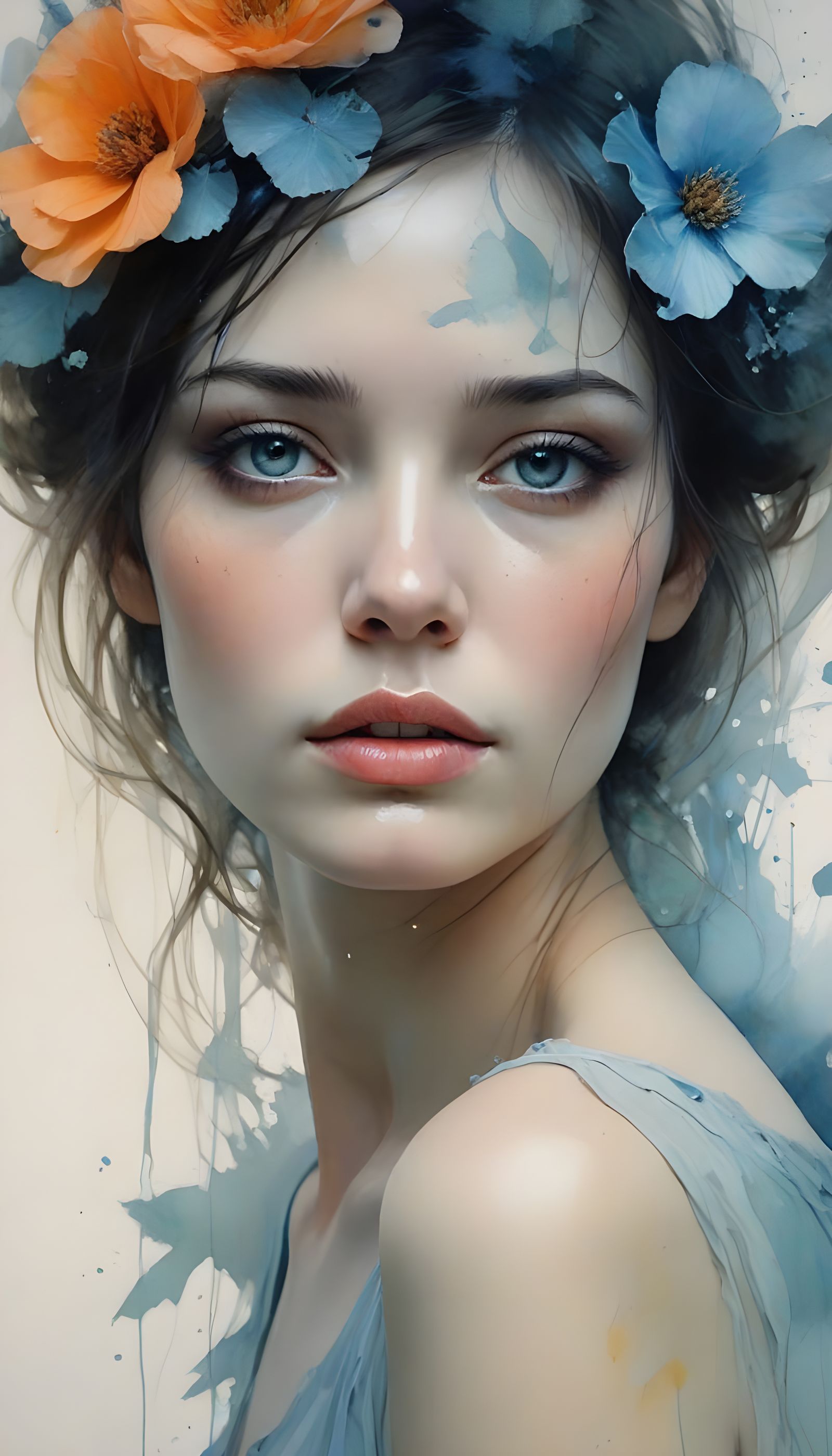 Surreal Portrait in Vintage Style with Soft Blue and Orange....