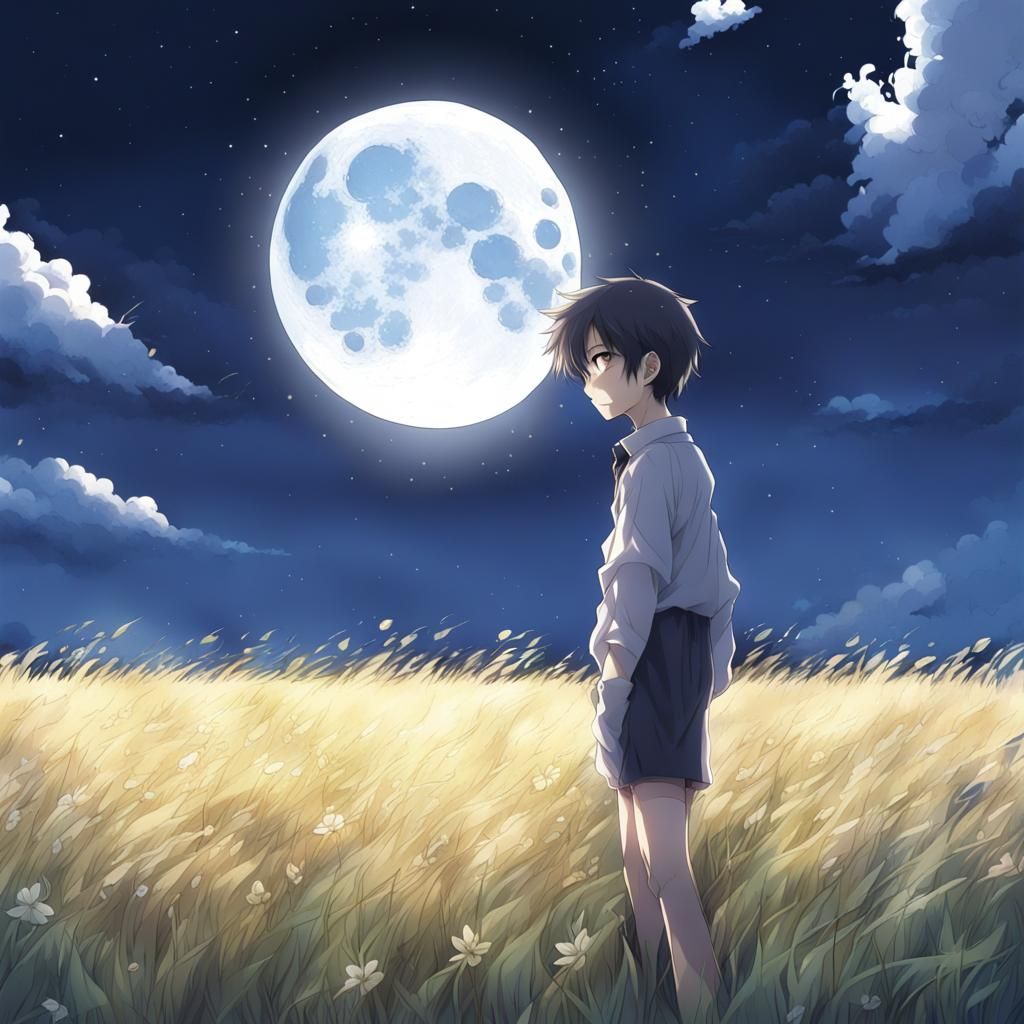 Anime Boy in Field Under Moonlit Sky