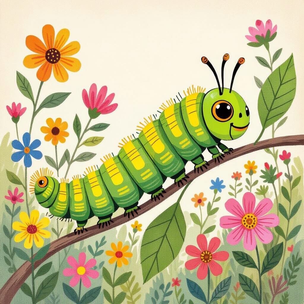 Whimsical Caterpillar in a Beatrix Potter Garden