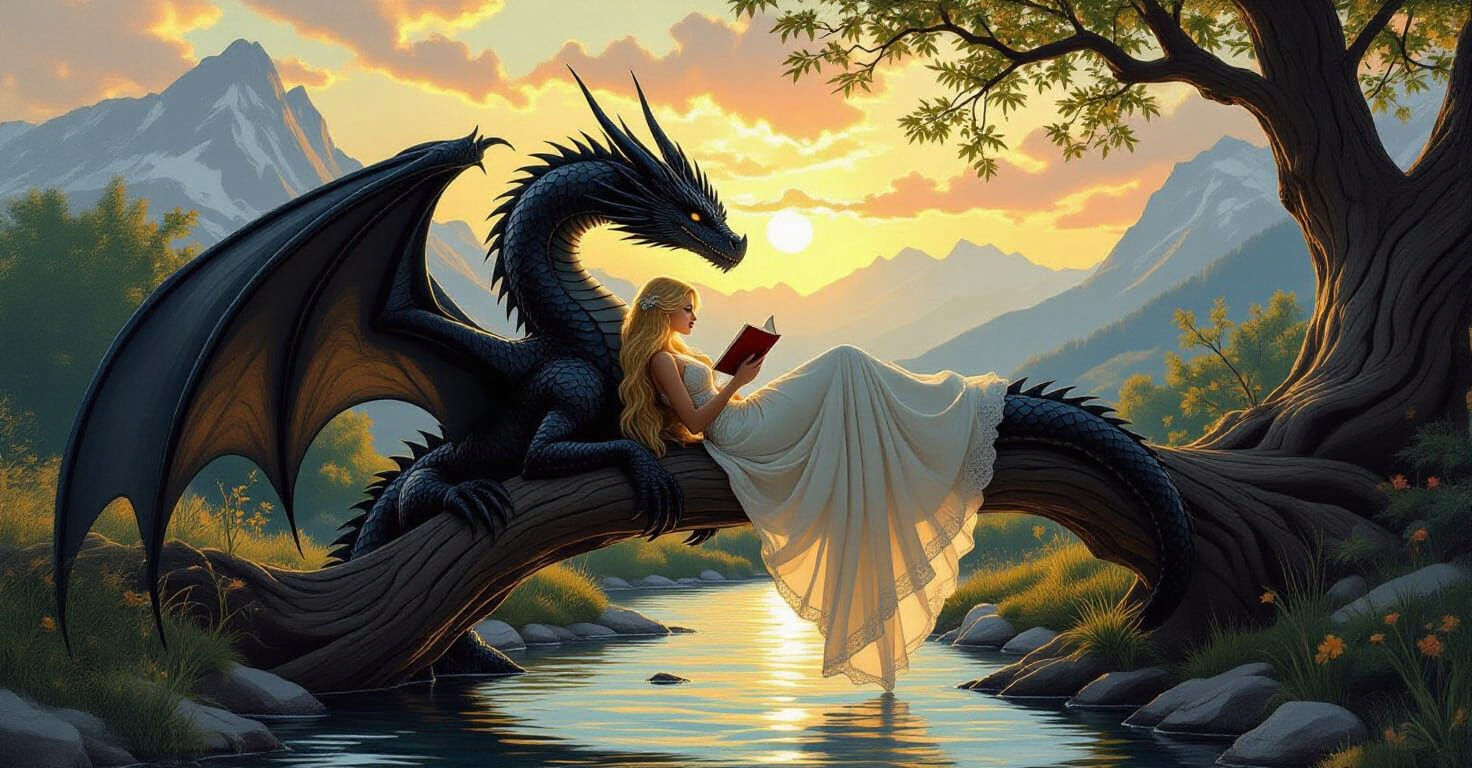Dragon and Woman Reading, Dreamy Art Nouveau Style