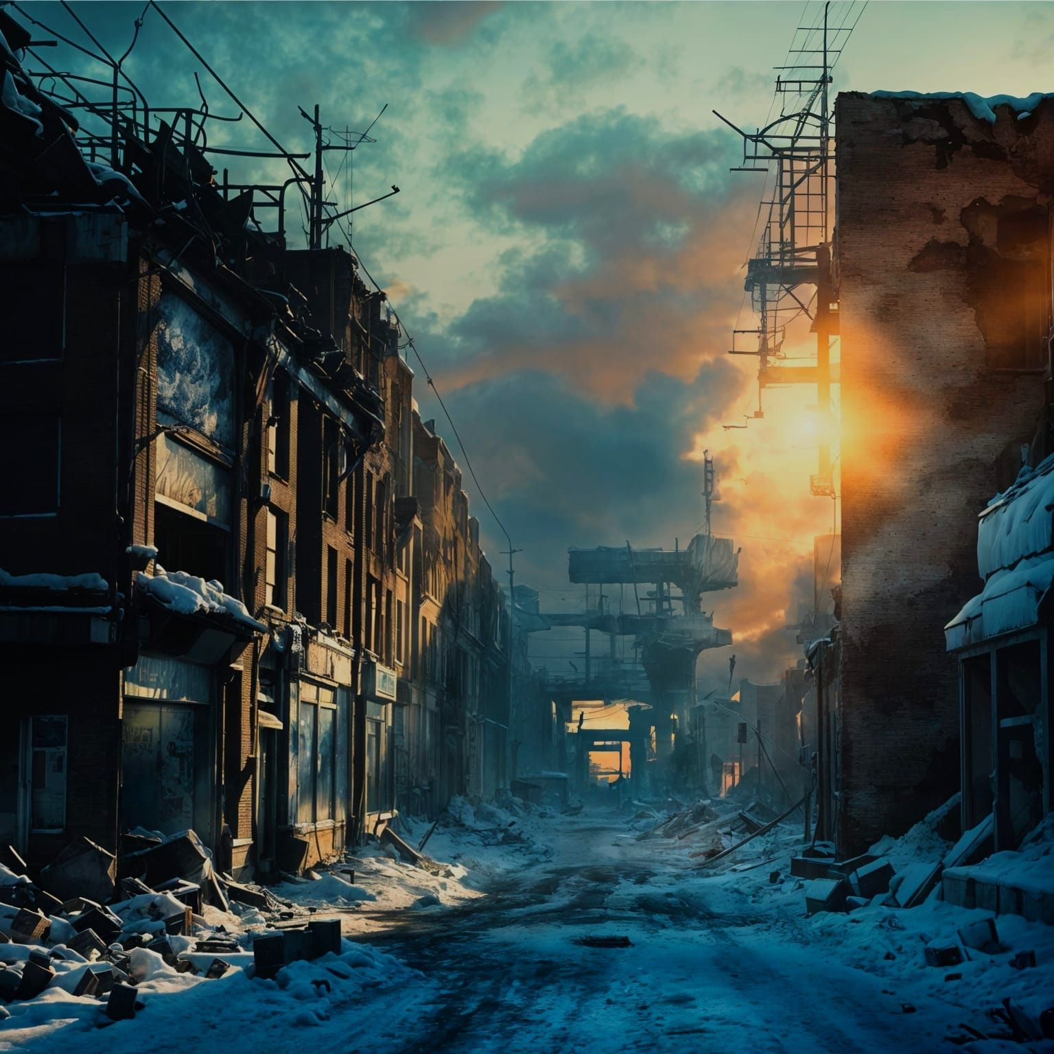 Post-Apocalyptic Cityscape in Somber Snowy Twilight