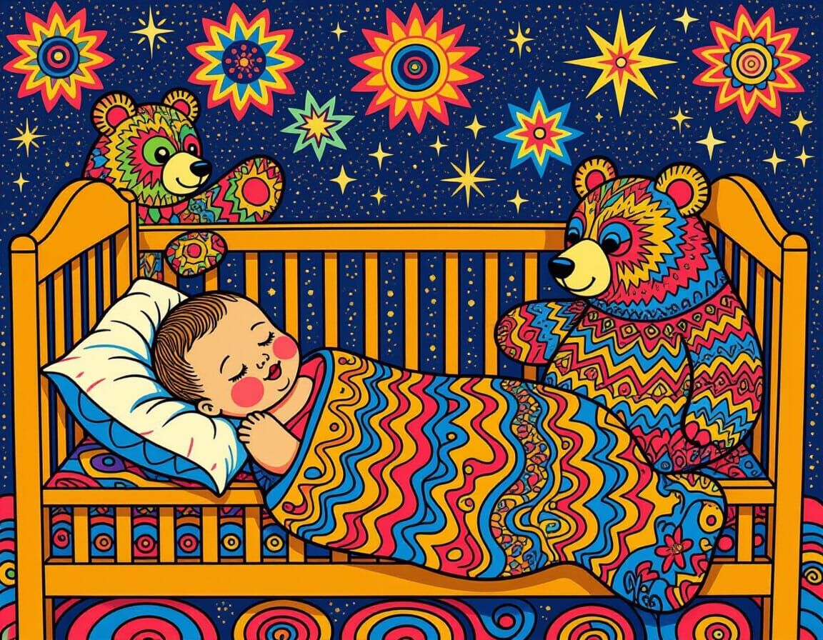 Sleeping Baby Surrounded by Dancing Bears in Pop Art Style