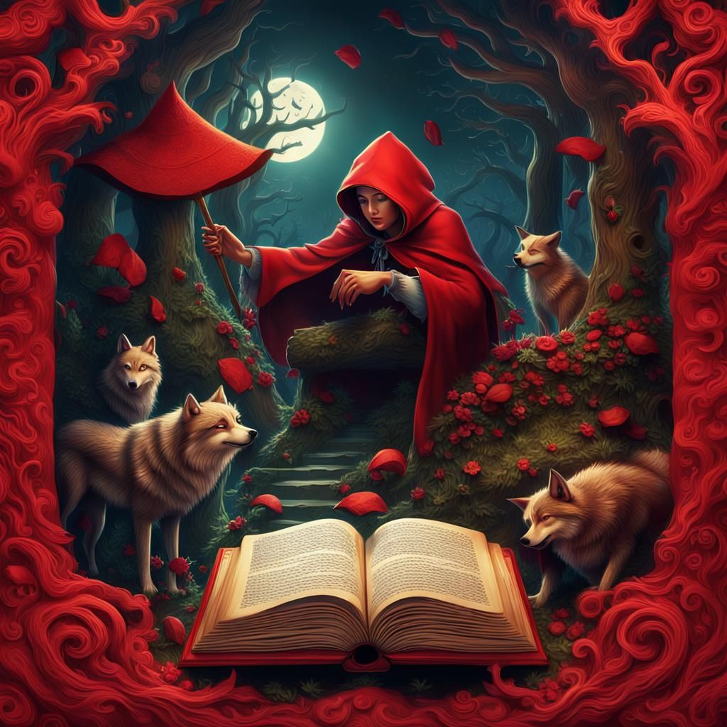 create a extremely detailed and colorful 3D render of a book cover which reads The Little Red Riding Hood, in the style ...
