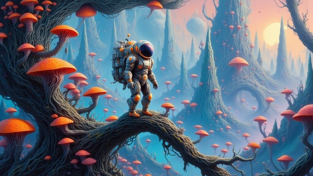 Surreal Astronaut in Whimsical Alien Landscape with Glowing ...