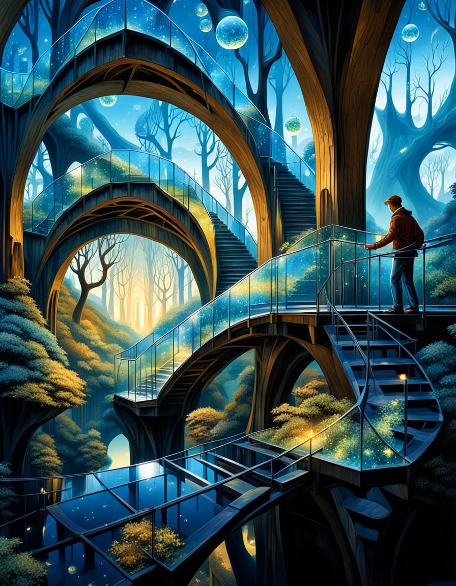 Hexagonal Glass Bridges in Escher Style Fantasy Art