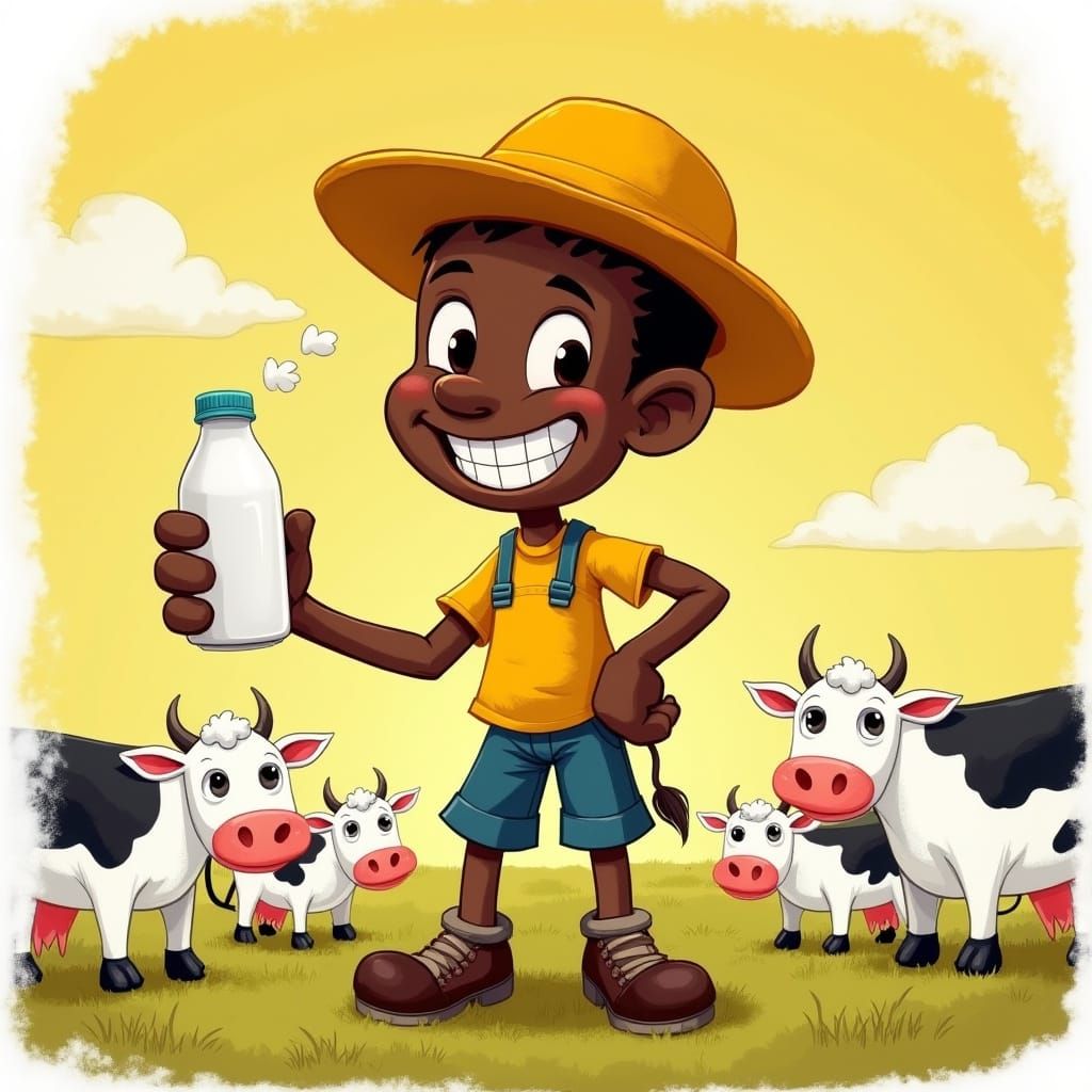 Humorous Black Milkman with Cows in Cartoon Style