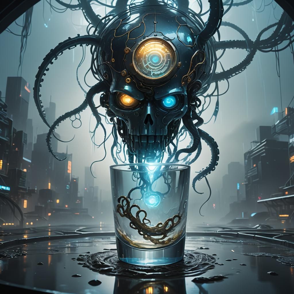 Cyberpunk Brain and Eye in Glass with Tentacle