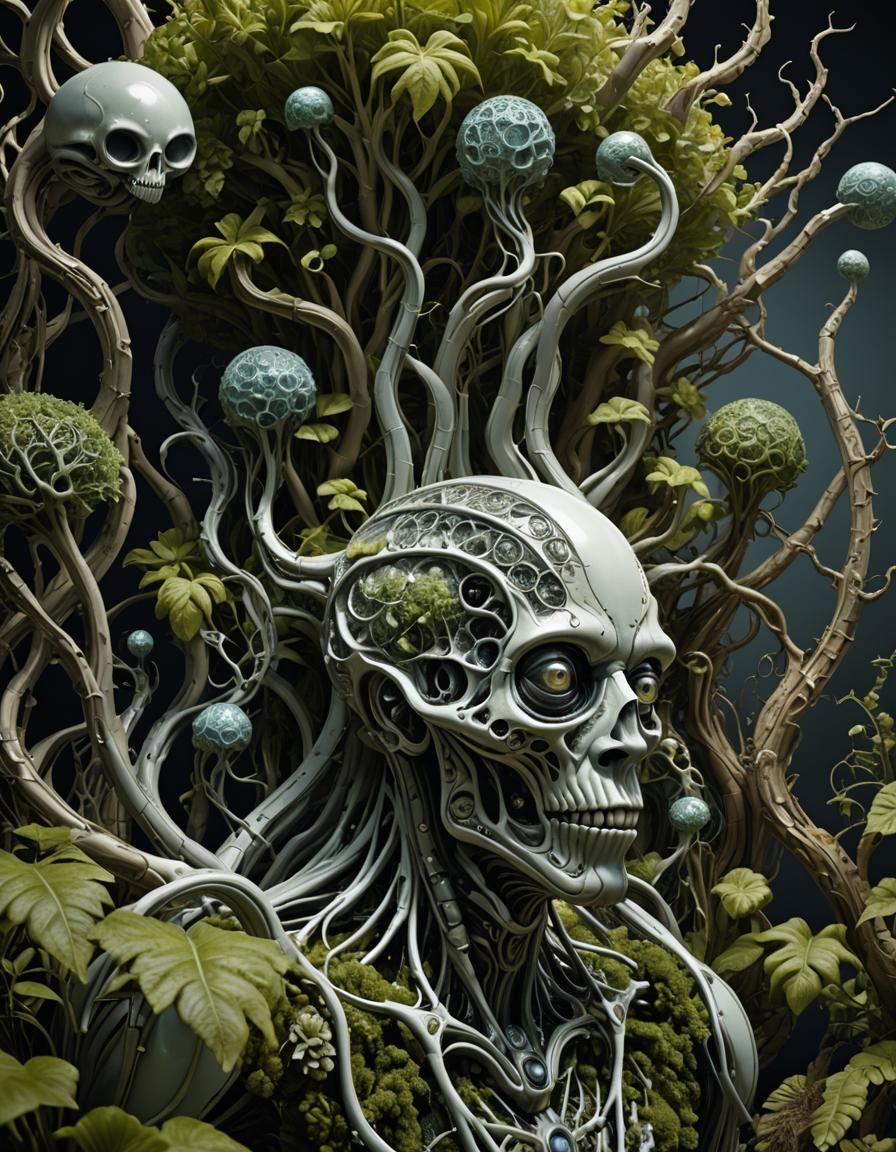 Surreal plants and animals humanoid  physical paradox