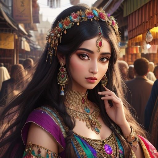Beautiful Gypsy in Bustling Market - Detailed Digital Painti...