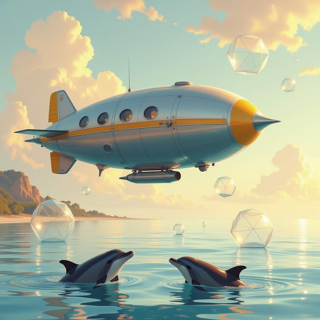 Airship Over Seashore in Futuristic Style