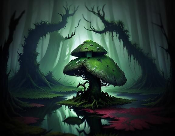 Grotesque Bullywug in Misty Swamp: Dark Fantasy Illustration